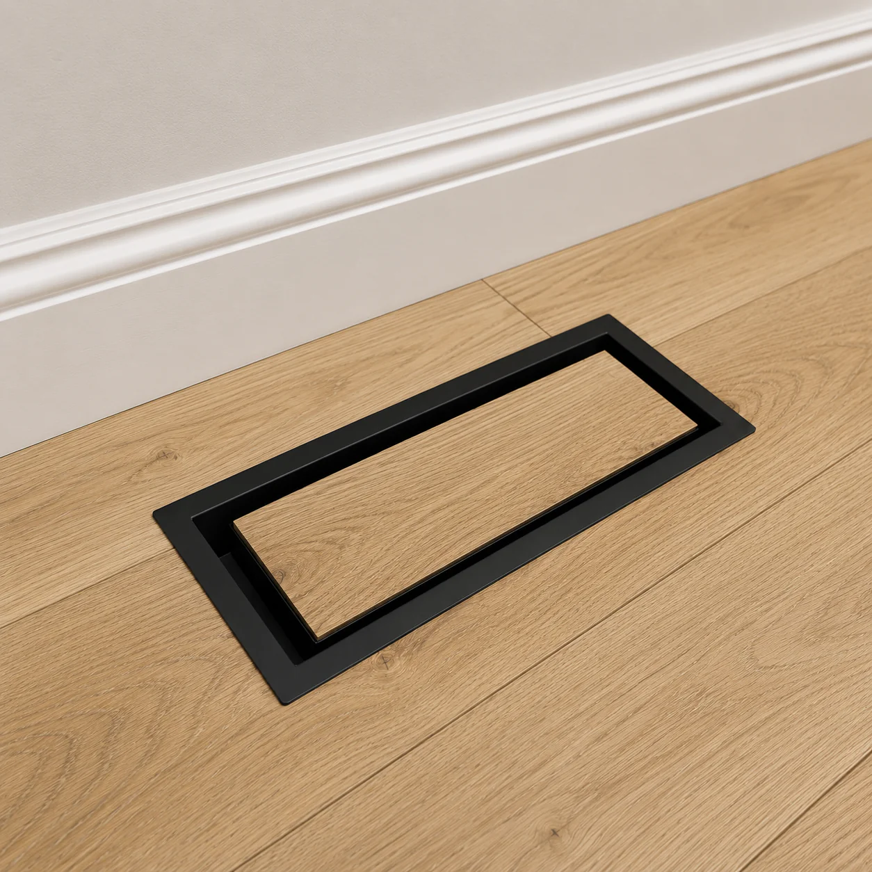 Floor-matching vent cover installed in finished flooring